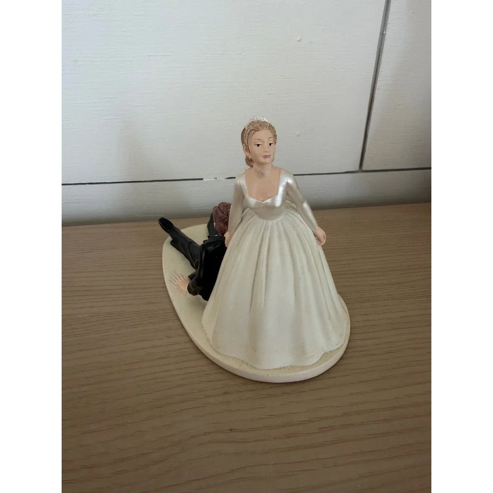 Funny Wedding Cake Topper Bride Dragging Groom Reluctant Novelty Figurine Resin